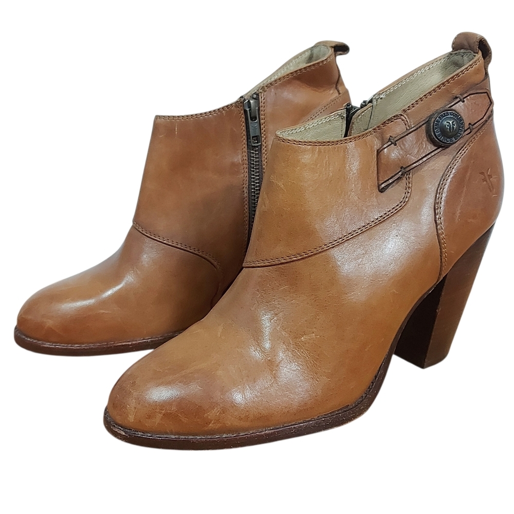 Frye Women Jenny Short Ankle Boots Size 11 B Tan Leather Zip High Stacked Heel
